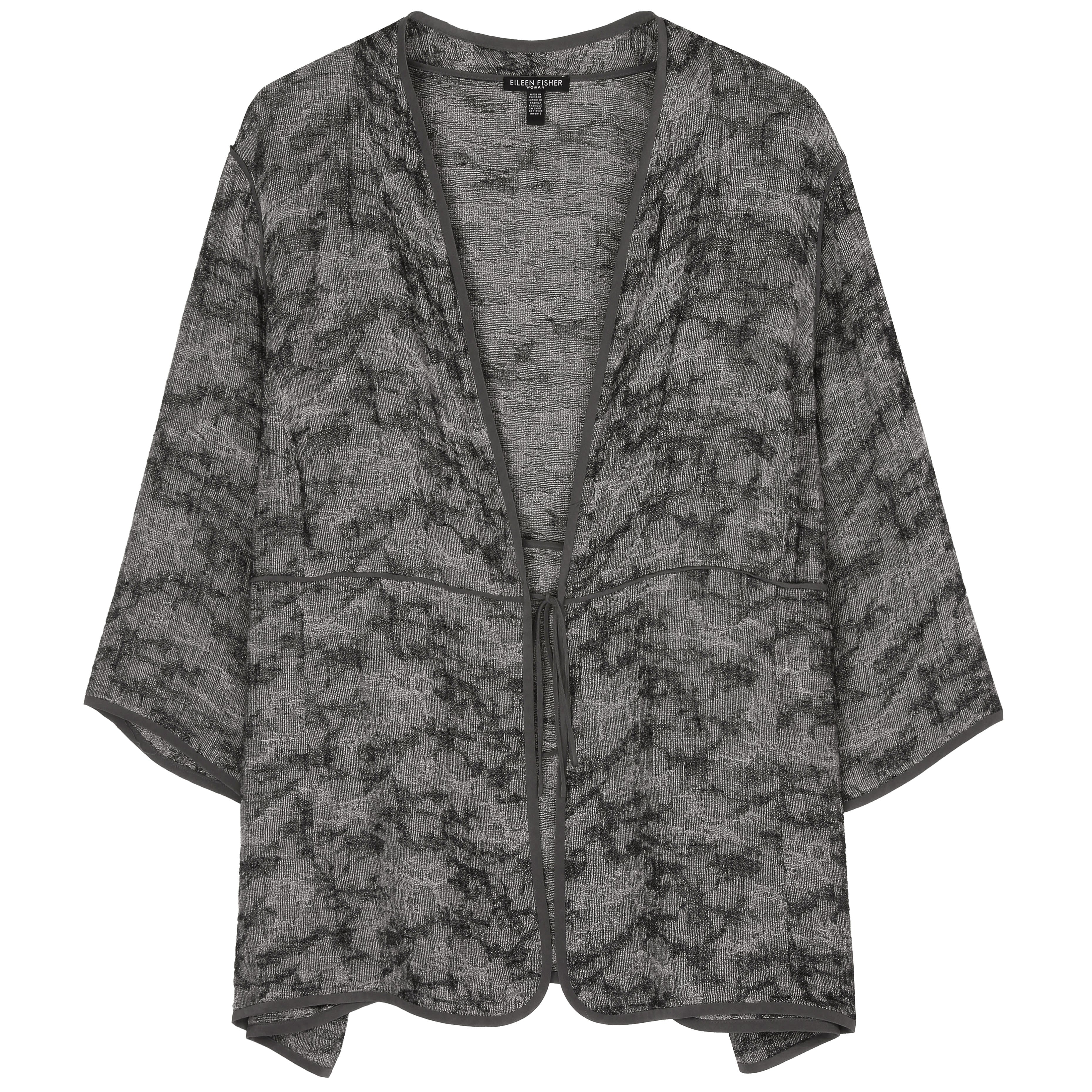 Eileen Fisher black jacquard linen sold open kimono jacket size XXS